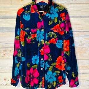 Carole Little vintage floral velvet Button Down Shirt - Red, Pink, Blue
